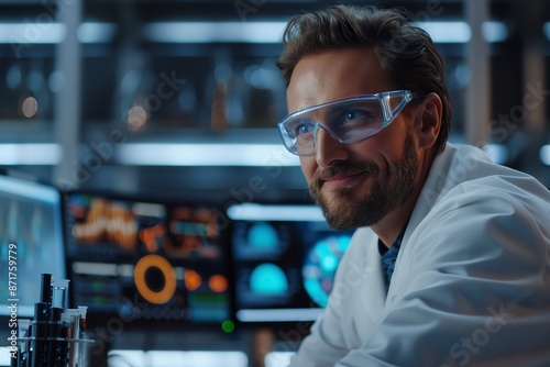 A smiling scientist in lab coat and goggles conducts experiments in a modern laboratory filled with scientific equipment and monitors Hightech laboratory setting Research in progre