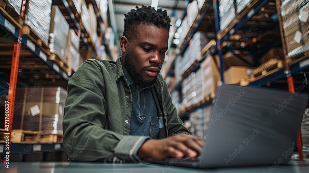 portrait of a male warehouse manager working on laptop portrait of a male warehouse manager working on laptop