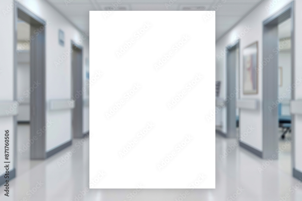 Mock-Up promotion poster displayed on the front of bright blur medical clinic, hospital interior background with defocused effect. Blank A4 white paper on abstract defocused luxury office corridor. Ad Mock-Up promotion poster displayed on the front of bright blur medical clinic, hospital interior background with defocused effect. Blank A4 white paper on abstract defocused luxury office corridor. Ad