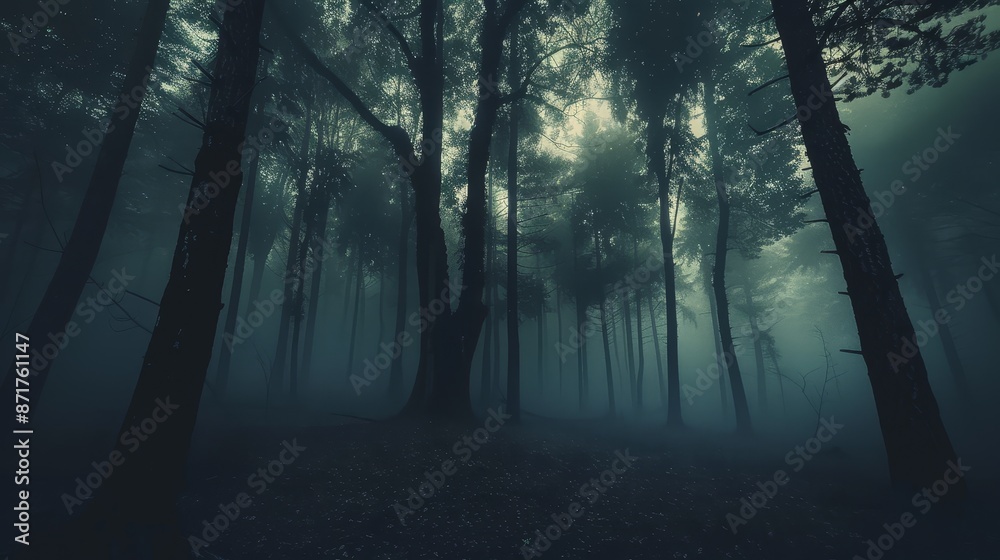 Obraz premium Mysterious Foggy Forest - A misty forest with tall trees silhouetted against a dark and ominous sky. The fog hangs thick and heavy, creating a sense of mystery and intrigue. - A misty forest with tall