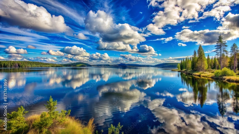 Serene and majestic northern lake panorama with vibrant blue sky, fluffy white clouds, and breathtaking surrounding landscape scenery unfolding. Serene and majestic northern lake panorama with vibrant blue sky, fluffy white clouds, and breathtaking surrounding landscape scenery unfolding.