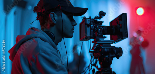 A cameraman films a scene on a set, lit with blue and red lights, while focusing his camera on a blurry figure in the background