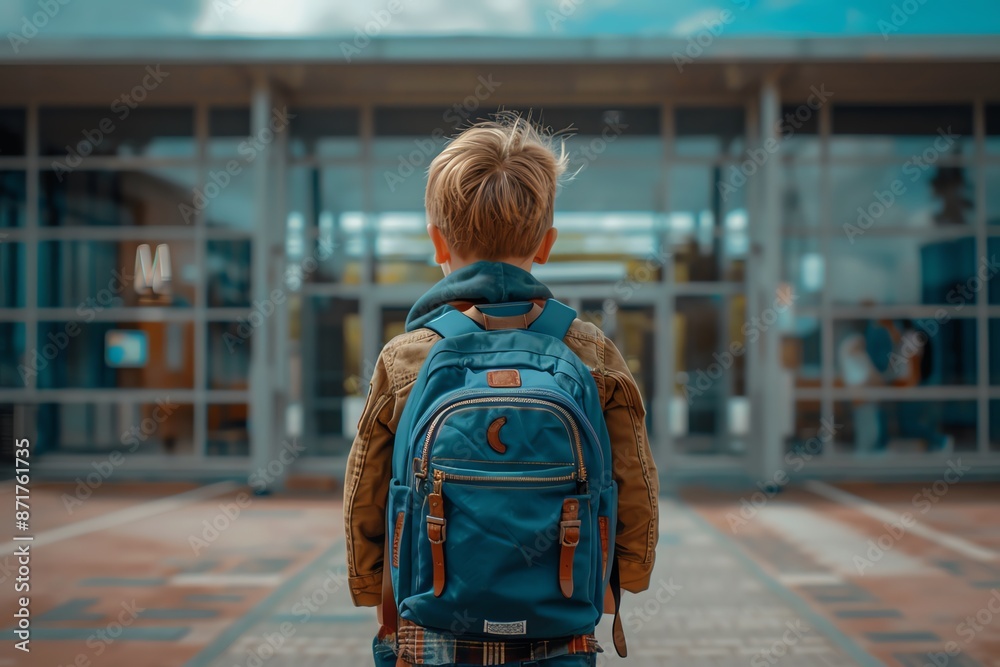 Nervous kid standing at the entrance of a new school, first day jitters, emotional moment