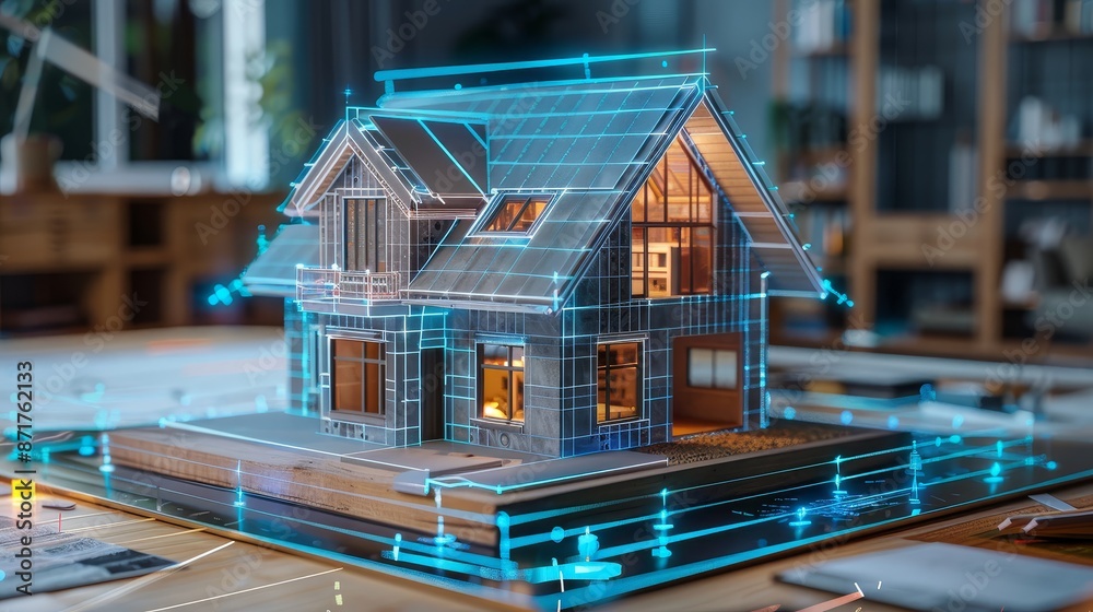 3D Model of a House with Digital Overlays - A 3D model of a house with digital overlays showcasing its design and construction details. This image highlights technological advancements in home design 3D Model of a House with Digital Overlays - A 3D model of a house with digital overlays showcasing its design and construction details. This image highlights technological advancements in home design