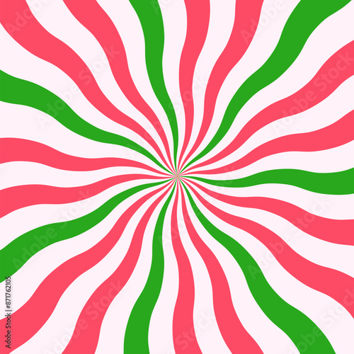 Christmas striped candy vector background. Wavy red and green swirling rays banner.