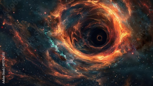 Black Hole Accretion Disks, A stunning, ultra-realistic photographic image of a colorful, swirling black hole in space, with vibrant reds, oranges, and blues, set against a backdro © Korn
