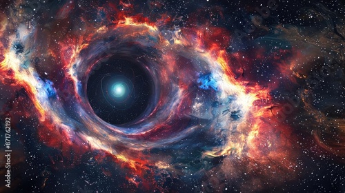 Black Hole Accretion Disks, A stunning, ultra-realistic photographic image of a colorful, swirling black hole in space, with vibrant reds, oranges, and blues, set against a backdro