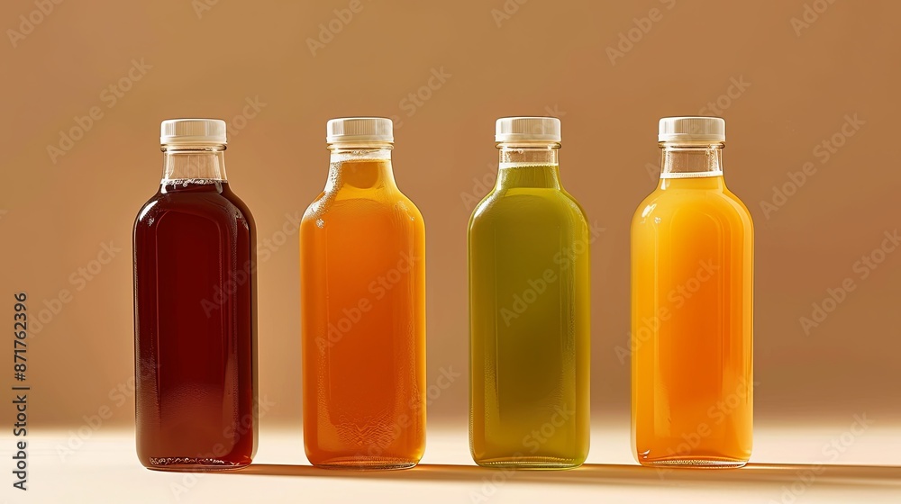 Four different colored juice bottles Four different colored juice bottles