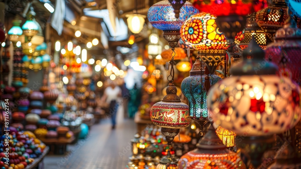 Naklejka premium Colorful Lanterns in a Middle Eastern Market - A close-up shot of colorful lanterns hanging in a Middle Eastern market, showcasing the vibrant culture and tradition. - A close-up shot of colorful lant