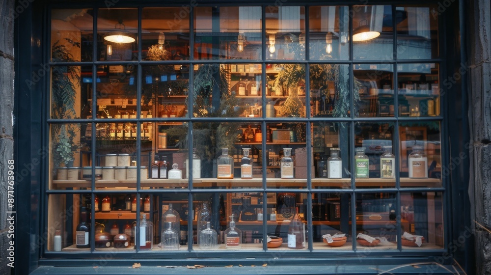 Window Display of Bottles and Jars in a Shop. Window Display of Bottles and Jars in a Shop.