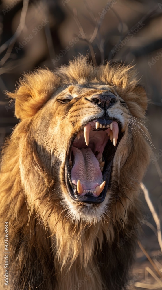Fototapeta premium A lion with its mouth open wide, yawning in the African savanna