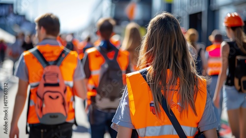 Event staff in safety vests guiding crowds, organized and attentive