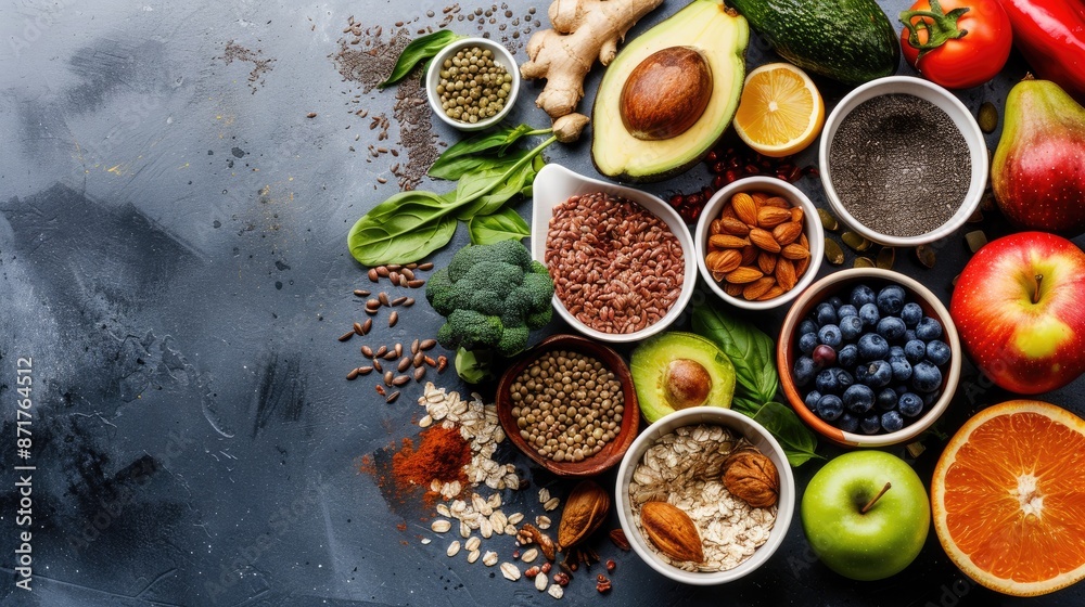 Healthy Eating Displayed on Flat Surface for Physical Wellness Healthy Eating Displayed on Flat Surface for Physical Wellness