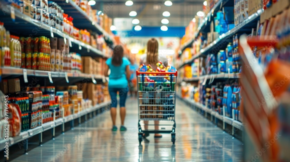Blurred Supermarket Aisle with Shopping Cart. Blurred Supermarket Aisle with Shopping Cart.