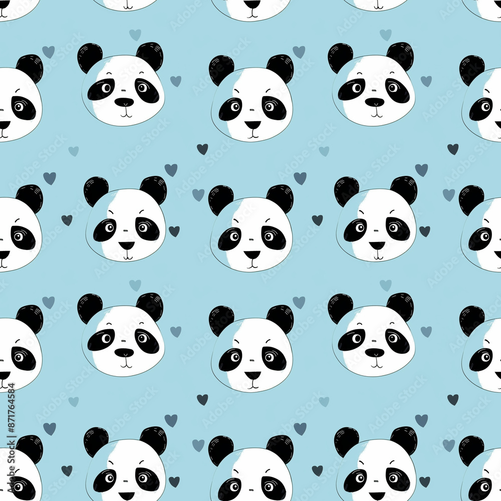 Cartoon seamless pattern with cute panda faces on light blue background. Cartoon seamless pattern with cute panda faces on light blue background.