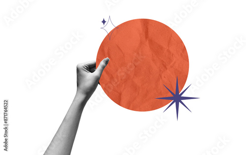Hand holding a speech bubbles. Social media communication. Collage contemporary art isolated Halftone design. For creative ideas, quote.
