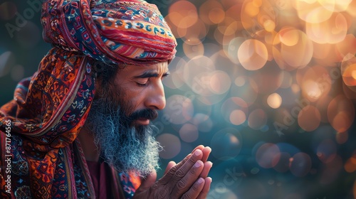 Dignified middleaged Arab man in prayerUnique prayer concept with a fantasy vibrant ethereal colorful approach Conceptual image of prayer and thankfulness With copy space Glowing l