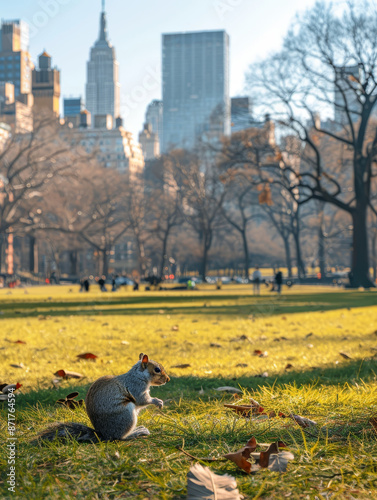 Squirrel in Central Park with Cityscape - A squirrel sits in the grass in a park with tall buildings in the background. - A squirrel sits in the grass in a park with tall buildings in the background. #871764594