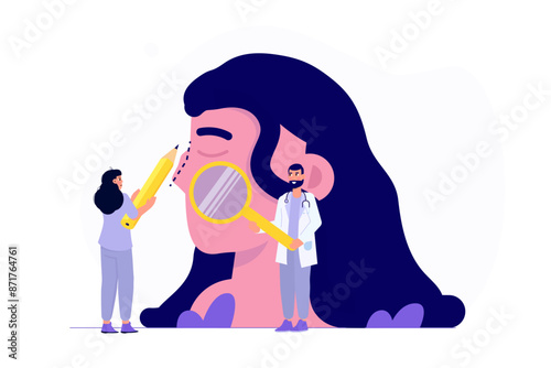 Nasal correction, otorhinolaryngology concept. Surgery septoplasty, rhinoplasty. Vector flat illustration.