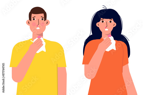 Nose bleeds or nosebleeds concept. Man and Woman with bleeding nose. Vector flat illustration.
