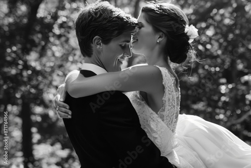 A groom carrying and hugging his bride with loving expression.