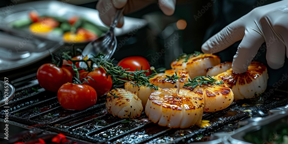 Chef preparing Grilled scallops recipe in butter lemon sauce, wide banner. Chef preparing Grilled scallops recipe in butter lemon sauce, wide banner.