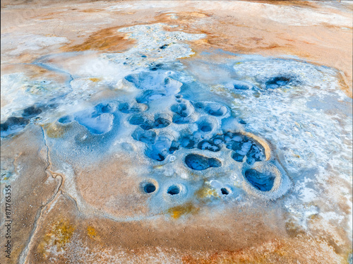Obraz na płótnie View from above, stunning aerial view of Námafjall Geothermal Area also known as Hverir with smoking fumaroles and boiling mud pots, surrounded by sulphur crystals of many different colours, Iceland. w salonie