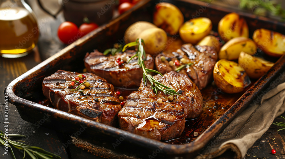 Grilled steaks with roasted potatoes on a tray Grilled steaks with roasted potatoes on a tray