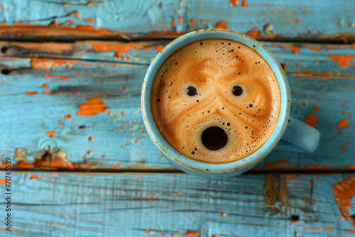 Pareidolia, face like: Cup of coffee with funny surprised face on blue wooden table, top view. Scared or shocked expression in cup of cappuccino. photo