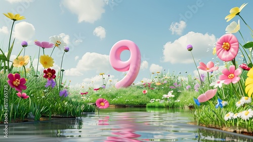 Cute big numbers, circular shapes, girly colors, blue sky background