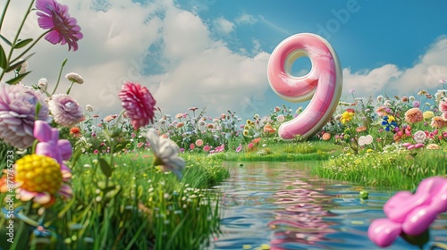 Cute big numbers, circular shapes, girly colors, blue sky background
