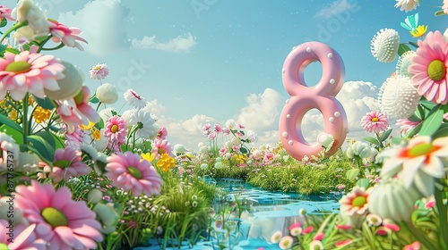 Cute big numbers, circular shapes, girly colors, blue sky background