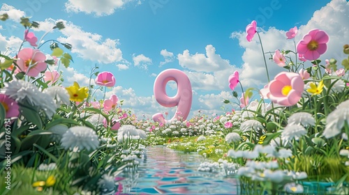 Cute big numbers, circular shapes, girly colors, blue sky background