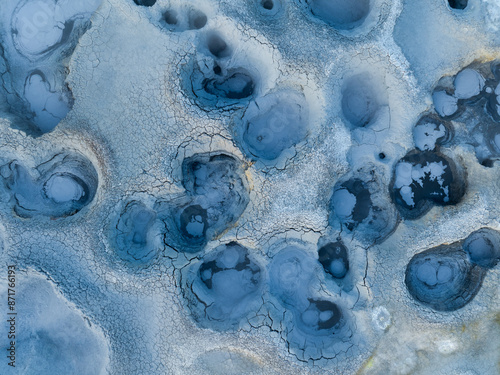 Obraz na płótnie View from above, stunning aerial view of Námafjall Geothermal Area also known as Hverir with smoking fumaroles and boiling mud pots, surrounded by sulphur crystals of many different colours, Iceland. w salonie