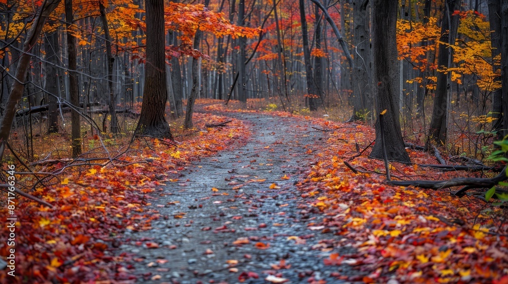 Fototapeta premium Nature's Autumn Pathways Leaf-Covered Forest Walks