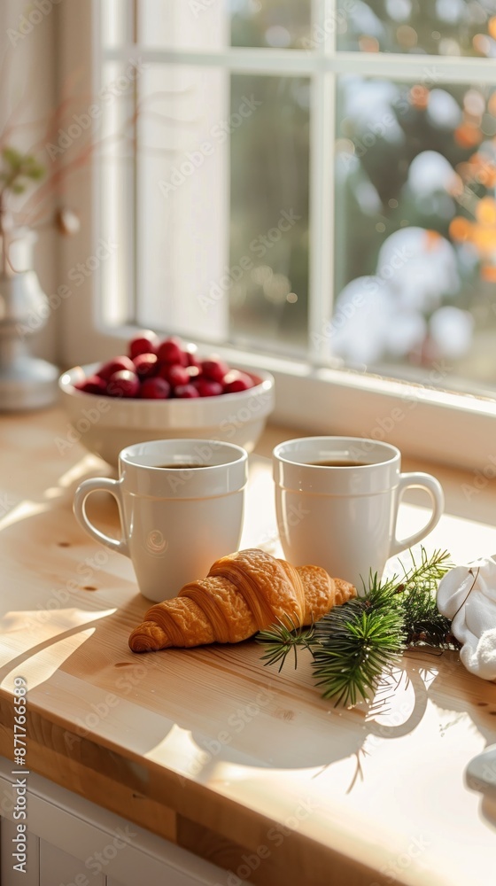 Crispy croissant and aromatic coffee on a wooden kitchen table with berries and a sprig of fir Crispy croissant and aromatic coffee on a wooden kitchen table with berries and a sprig of fir