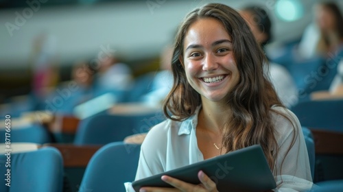 Happy female student using touchpad at lecture hall and looking at camera © Nicat