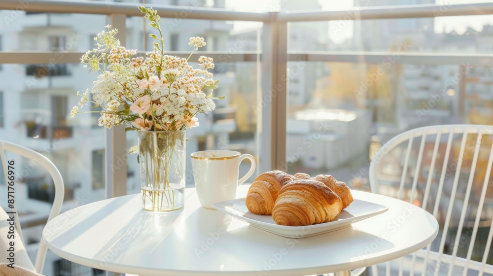 Summer breakfast on the terrace, aromatic coffee and fresh croissants on a marble table Summer breakfast on the terrace, aromatic coffee and fresh croissants on a marble table