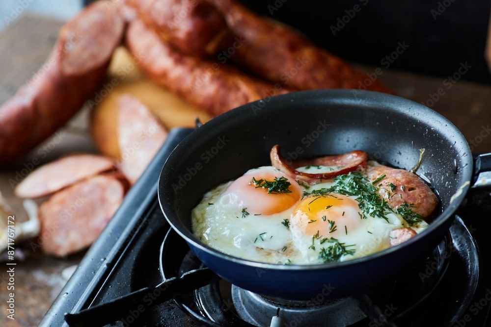Step-by-step cooking of the dish. Pieces of sausage and eggs are fried in a frying pan on a camp stove. Green vegetables were added. Step-by-step cooking of the dish. Pieces of sausage and eggs are fried in a frying pan on a camp stove. Green vegetables were added.