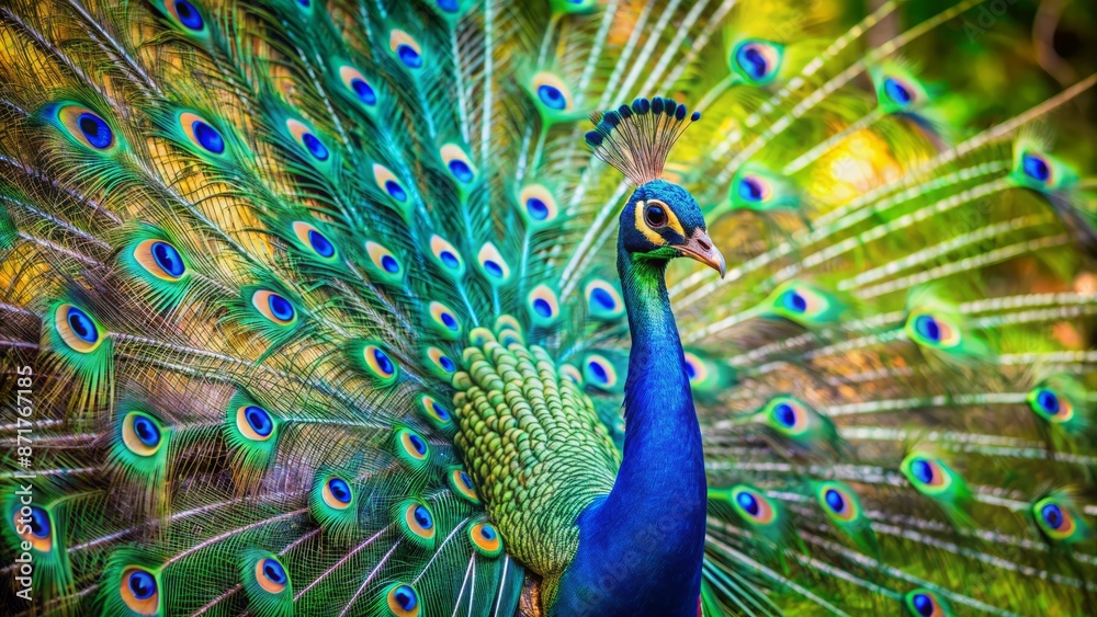 Obraz premium Exquisite majestic peacock flaunts vibrant iridescent plumage in proud display of radiant blues and emerald greens in serene natural setting.