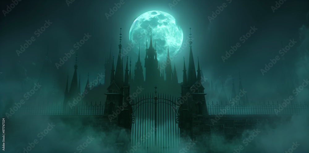 Fototapeta premium gothic castle in the fog, full moon and clouds background, fence gate, fantasy illustration in the style of goth style, dark green color palette, mysterious atmosphere, night sky, high resolution, hig
