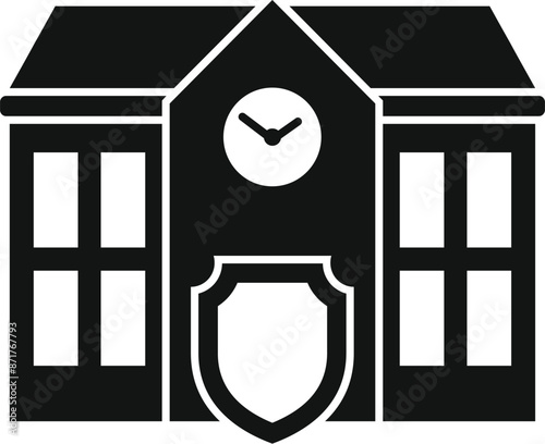 Black and white icon of a police station building featuring a clock and shield logo, representing law enforcement and security