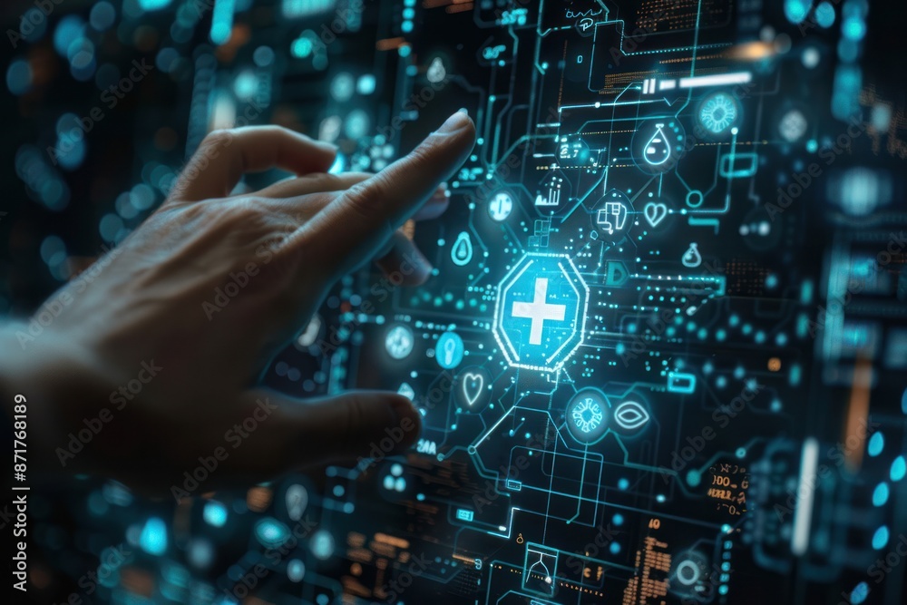 A hand is touching a computer screen with a blue cross on it A hand is touching a computer screen with a blue cross on it