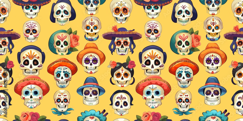 Day of the Dead Dia De Los Muertos or Halloween holiday, mexican skulls seamless pattern. Skeleton with sombrero hat and flowers Day of the Dead Dia De Los Muertos or Halloween holiday, mexican skulls seamless pattern. Skeleton with sombrero hat and flowers