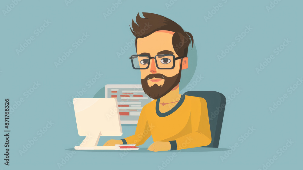 A man with a beard and glasses sits at a desk, working on a computer A man with a beard and glasses sits at a desk, working on a computer