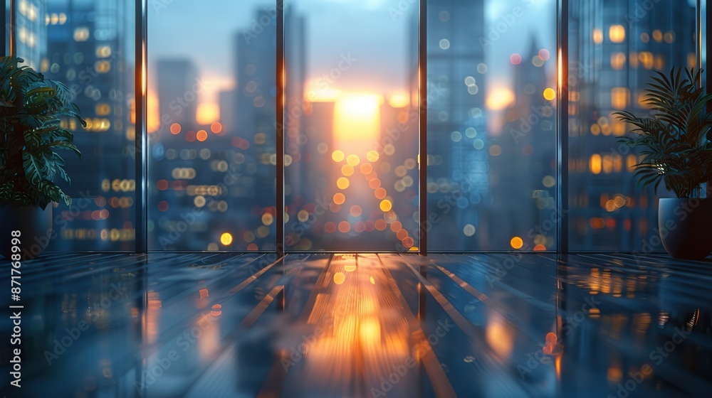 Fototapeta premium Modern city skyline at sunset viewed through office windows with reflections on the floor, creating a serene and professional ambiance.
