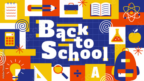 Back to school geometric banner with school supplies. Design template for poster, flyer, brochure. Vector illustration.