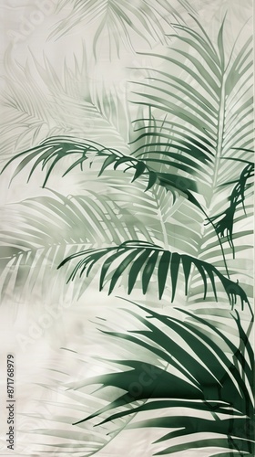 Lush green palm leaves create a tranquil, tropical atmosphere in this beautiful botanical image perfect for nature-themed projects.
