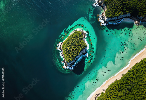 A serene temperate island nestled in the heart of the vast ocean, where gentle breezes and tranquil waves create a peaceful oasis, Generative AI photo