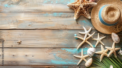 Objects on beach themed wooden background with space for text top view